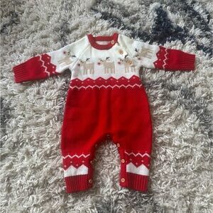 Red and White Baby Knit Romper with Reindeer Pattern